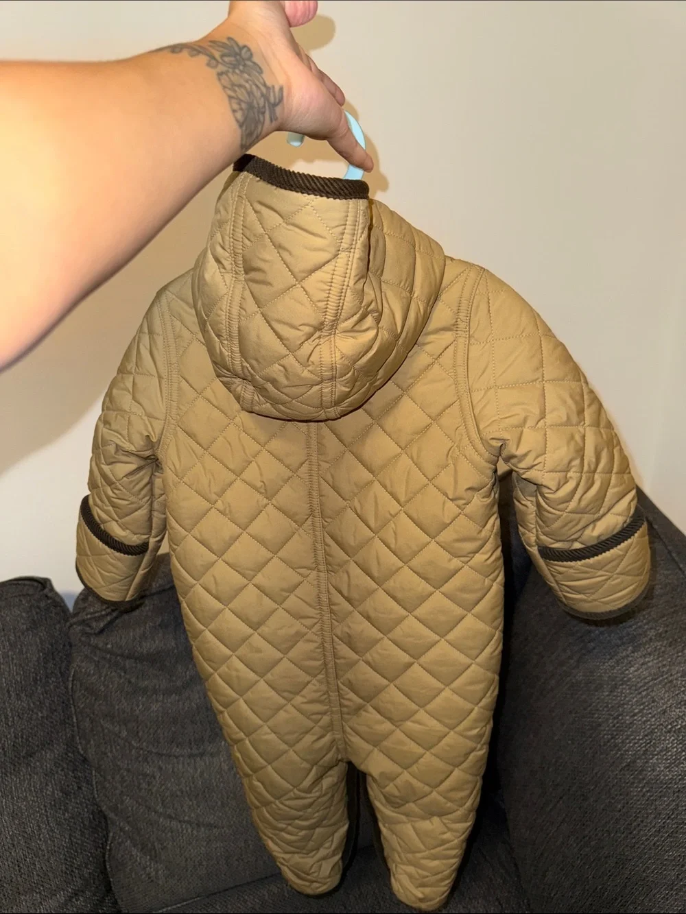 Ralph Lauren Quilted Hooded Jacket in Tan with Dark Trim